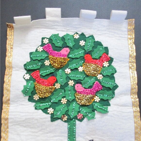 Vintage Finished Christmas Banner Felt Partridge Pear Tree Bucilla Mid Century - Picture 2 of 5